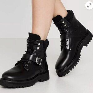 ALL SAINTS Paulina Black Leather Suede Combat Strap Buckle Boots
